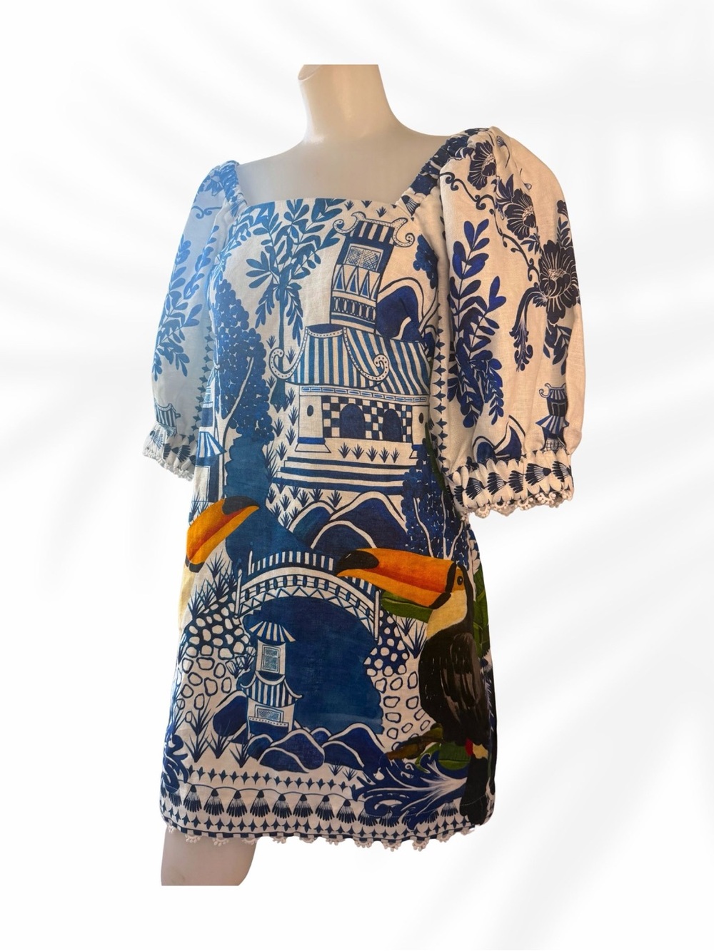 Farm Rio Toucan Print Puff Sleeve Mini Dress Blue White XS Tropical Linen Blend